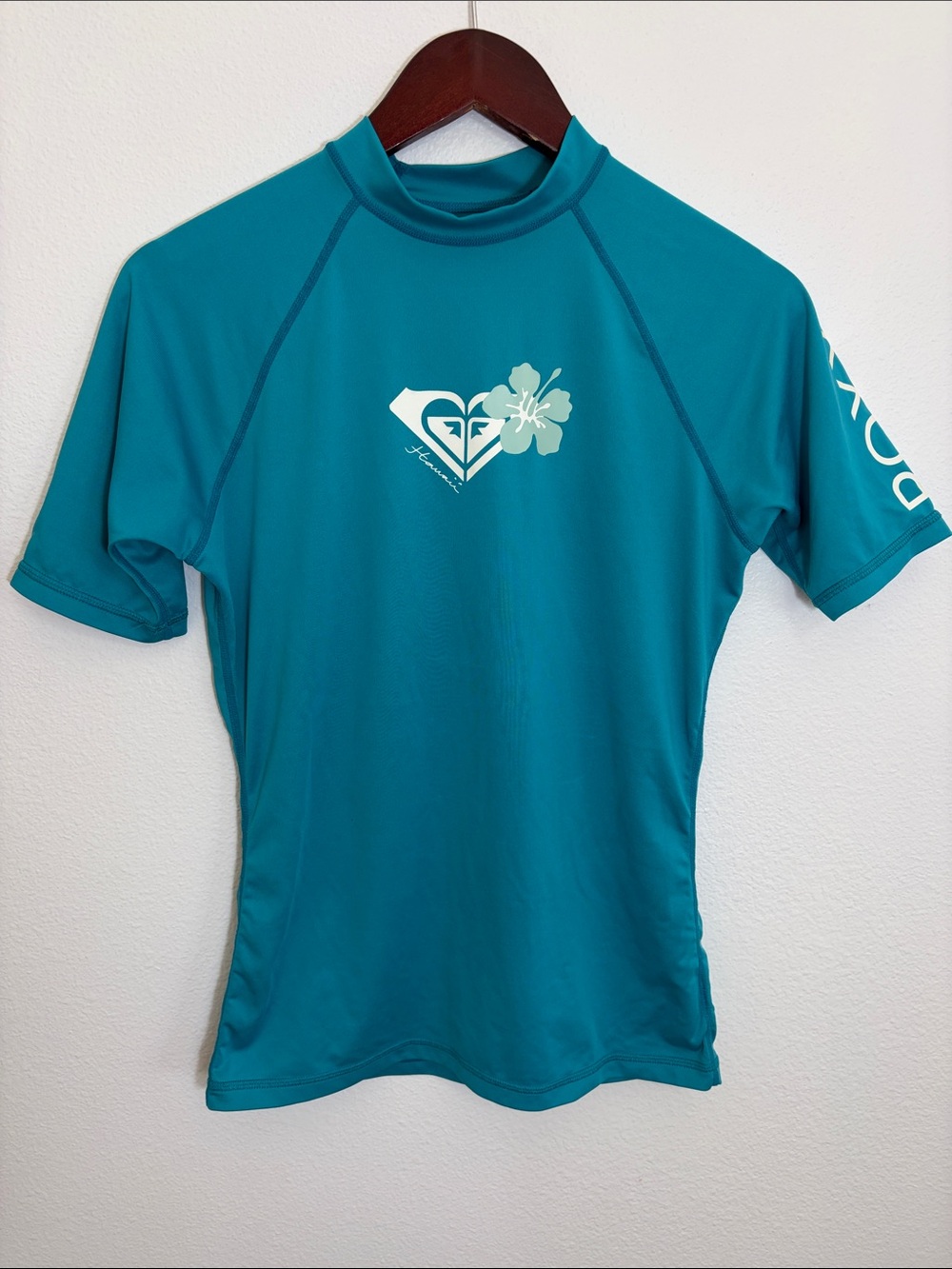 Roxy Teal Short Sleeve Rashguard Swim Top with Hibiscus Hawaii Logo